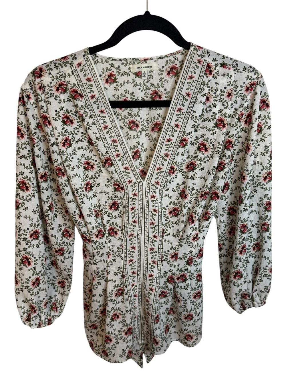 Max Studio Floral Pintuck Smocked Prairie Blouse